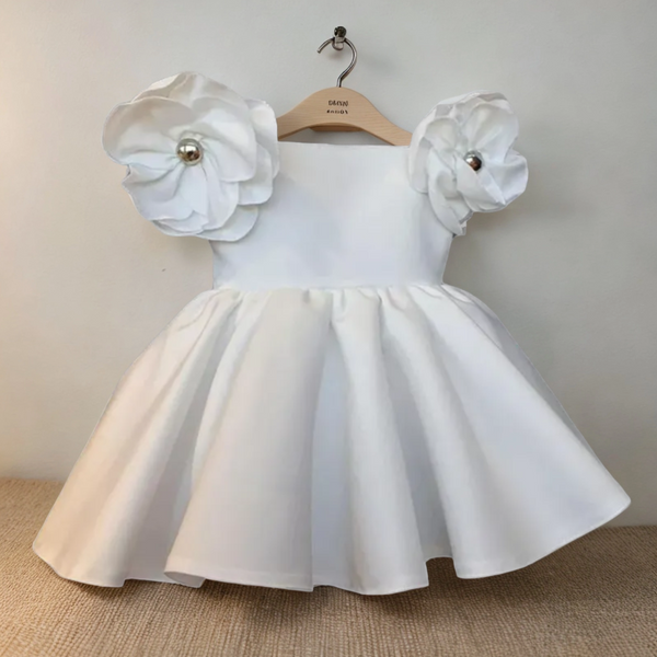 Sweet Blossom Baby Dress with Flower Sleeves- White