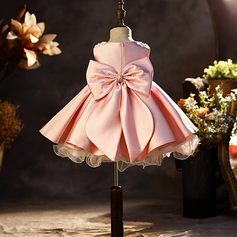 Pearl Perfection: High-Quality Baby Satin Dress with Exquisite Pearl Collars