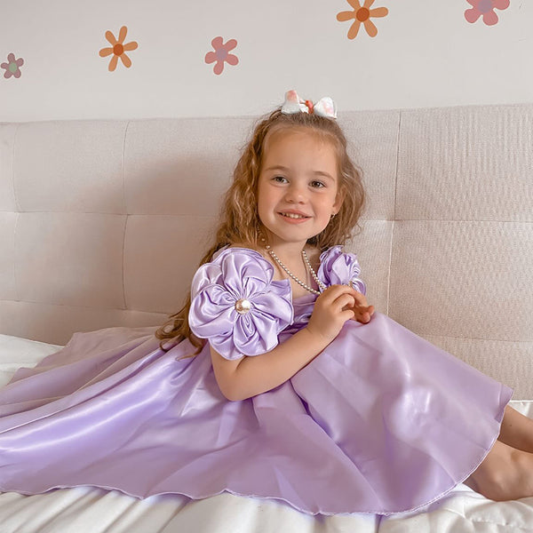 Sweet Blossom Baby Dress with Flower Sleeves - Purple