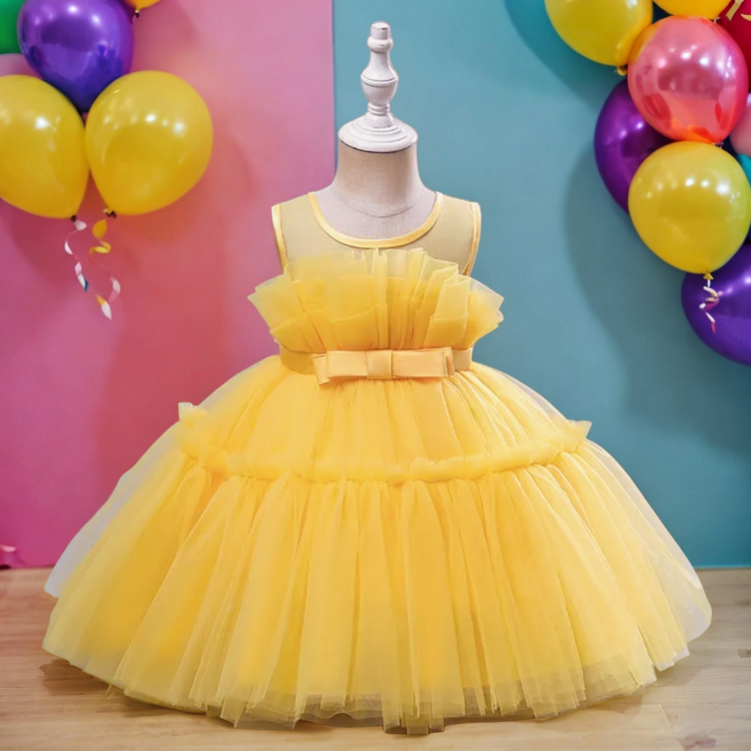 Mesh Puff Perfection: Baby Girl Princess Dress Fit for a Fairy Tale - Yellow