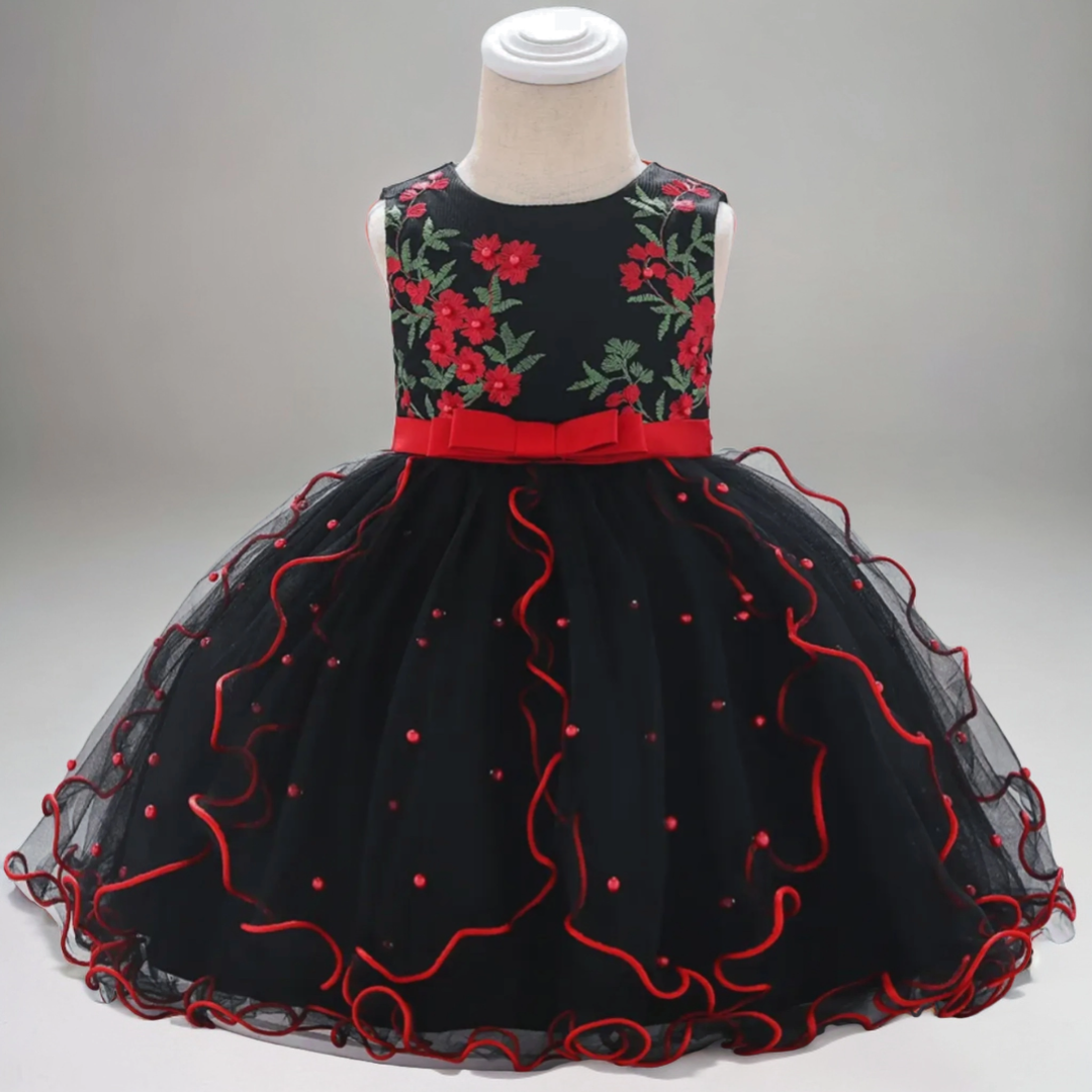 Colorful Mesh Gown Dress with Flower Frills - Black
