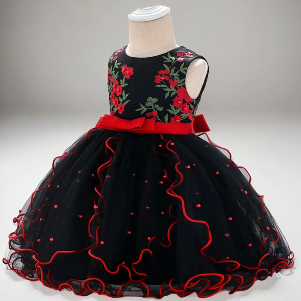 Colorful Mesh Gown Dress with Flower Frills - Black
