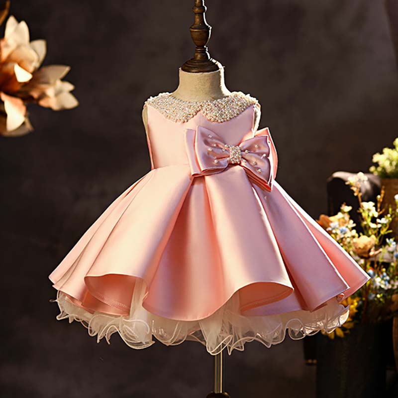Pearl Perfection: High-Quality Baby Satin Dress with Exquisite Pearl Collars