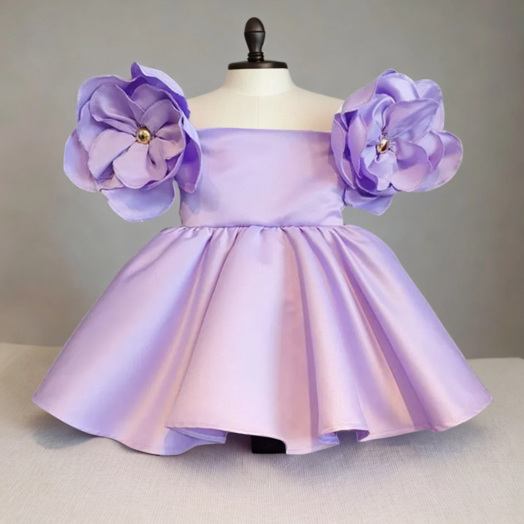 Sweet Blossom Baby Dress with Flower Sleeves - Purple