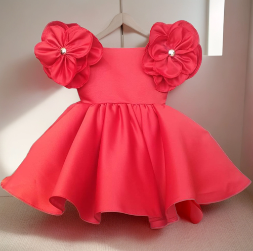 Sweet Blossom Baby Dress with Flower Sleeves- Red