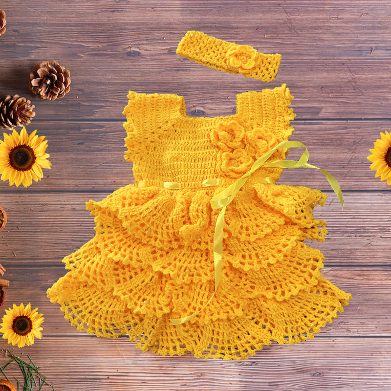 Woolen Petals Crochet Toddler Baby Dress with Layered Design